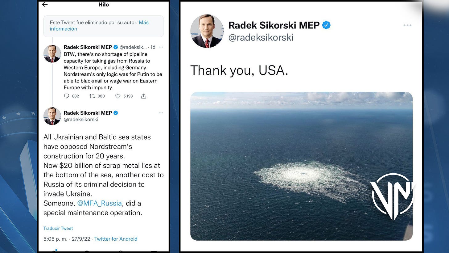 Radek Sikorski borra tuit Gracias EEUU por ataque a Nord Stream