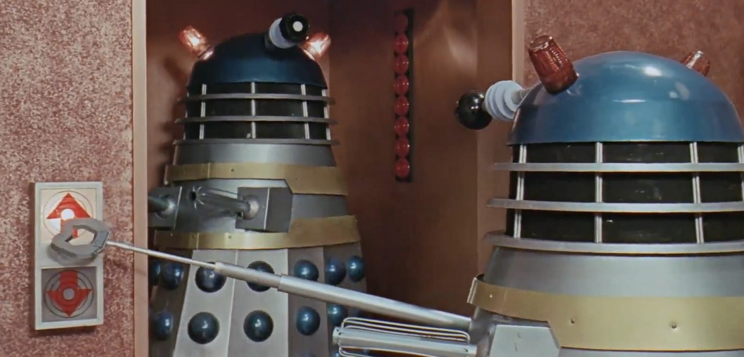 A photo of two Daleks from the film Dr Who and the Daleks (1965)