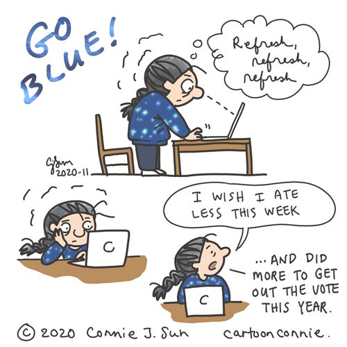 Waiting Game Sketchbook drawing of anxiously awaiting the results of the 2020 general election in the U.S. Caption: "I wish I ate less this week and did more..." Illustration by Connie Sun, cartoonconnie