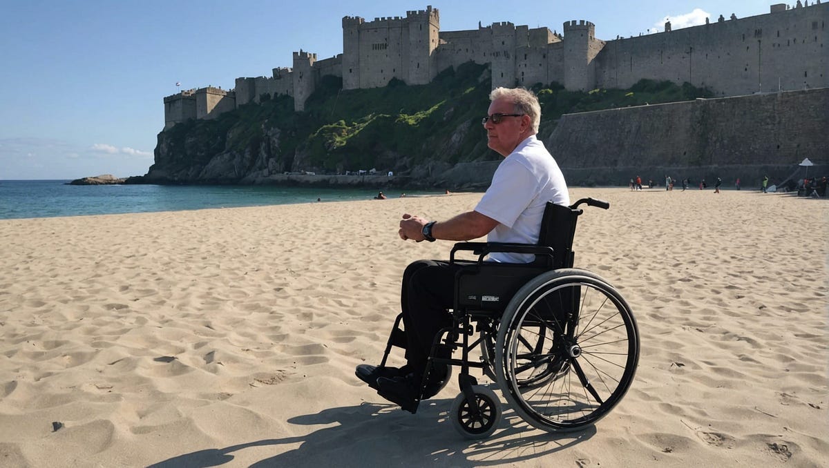 Man in wheelchair, alone on a beach