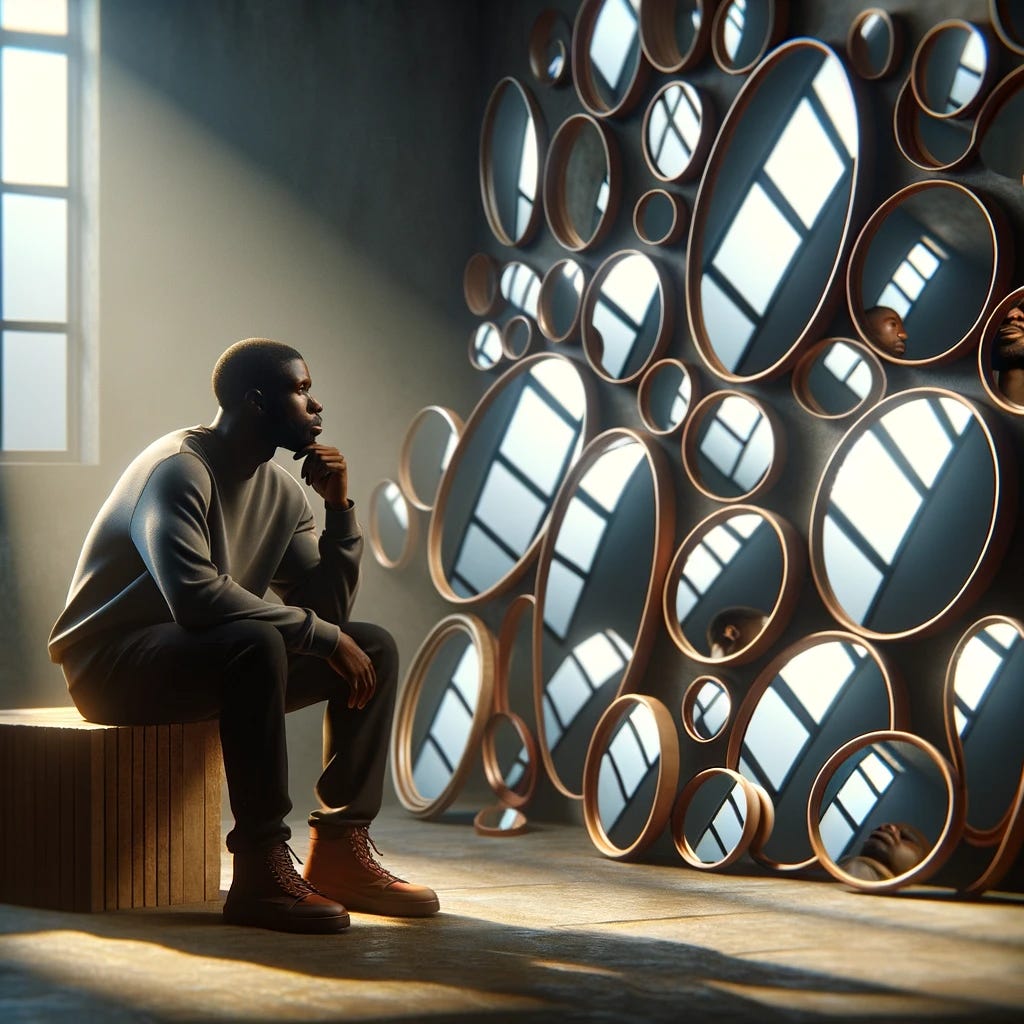 Contemplative African man surrounded by mirrors reflecting different aspects, symbolizing diverse perspectives for self-improvement and introspection, ideal for articles on personal growth and shifting viewpoints.