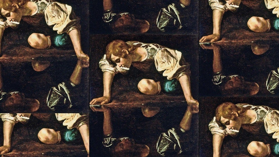 A repeating image of a painting of a young man staring into a pool at his own reflection