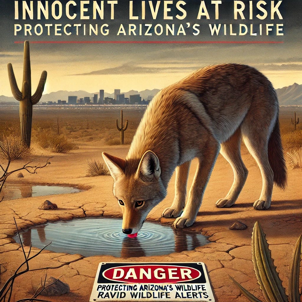 A realistic digital painting of Arizona's wildlife, featuring a coyote cautiously drinking from a small, receding water source in an arid desert landscape. The background subtly includes distant city lights and a silhouetted skyline, representing human encroachment. A bright red 'Danger' sign is prominently overlaid, signifying the threat of poisonings and rabid wildlife alerts. The color scheme consists of earthy browns and tans to emphasize the dry conditions, with red accents for urgency. The text 'Innocent Lives at Risk: Protecting Arizona’s Wildlife' is displayed prominently.