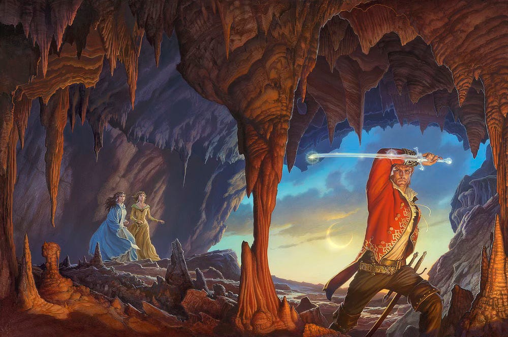 Framed in the eye-shaped opening of a cave, Rand al'Thor stands with one arm shading his eyes as he holds a glass sword horizontally aloft. He wears a red coat with ornate gold trim. His belt is an undulating Chinese dragon. Slung on his left hip are a sword and dagger. Behind him, a moon hangs in partial eclipse. The background of the cover illustration is divided by a stalactite pillar. To the left of it, Moiraine in blue dress and Nynaeve in yellow hurry after Rand as he takes a lunging step further into Shayol Ghul.