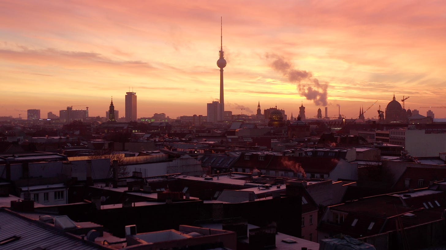 4K Stock Footage: Aerial of Berlin City Skyline at Sunset/Sunrise -  FilterGrade