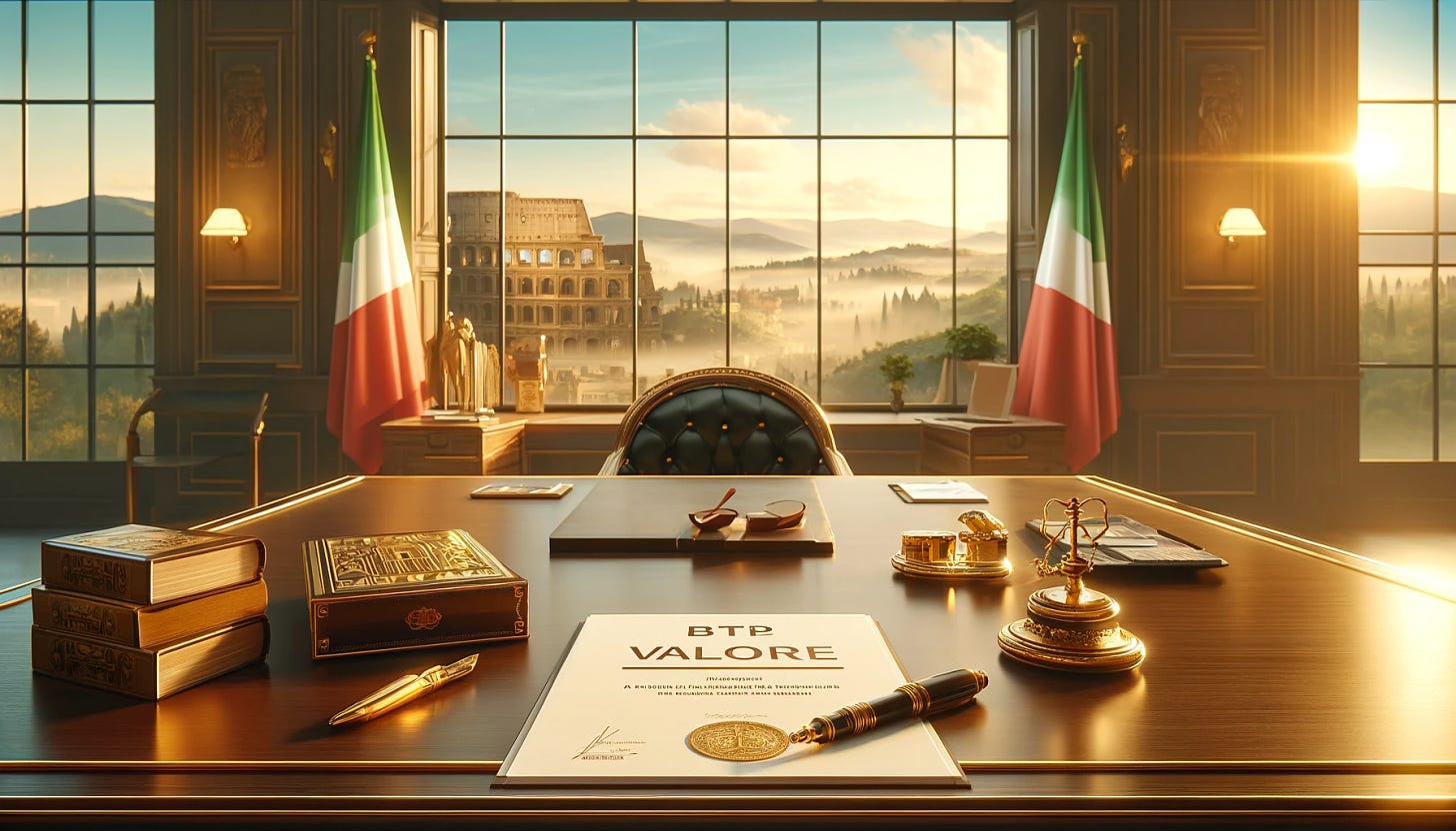 A sophisticated horizontal image representing the issuance of a new Italian government bond for retail investors, named 'BTP Valore'. The scene depicts an elegant office with a large, polished wooden desk and a panoramic view of iconic Italian landscapes, such as the rolling hills of Tuscany and the historic Colosseum. On the desk, there are documents with 'BTP Valore' embossed in gold lettering, alongside a stylish fountain pen and an Italian flag. The setting is bathed in warm, inviting light to convey a sense of security and trust.