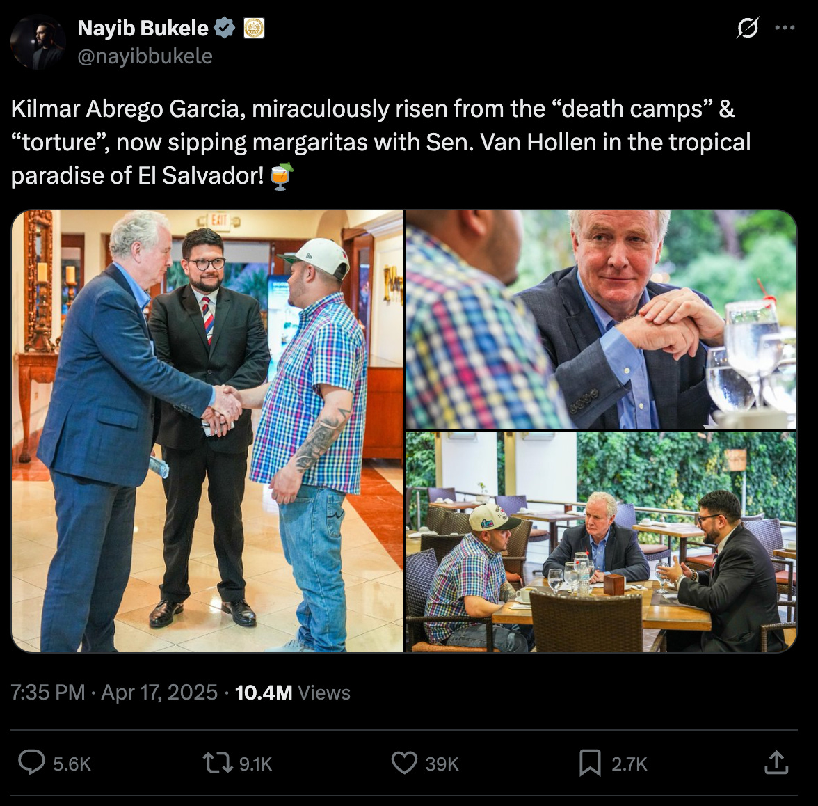 Kilmar Abrego Garcia, miraculously risen from the “death camps” & “torture”, now sipping margaritas with Sen. Van Hollen in the tropical paradise of El Salvador!🍹