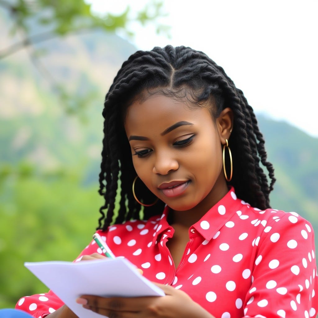 Young, youthful African American Woman wearing a red and white polka dot
 blouse with all black hair writing a letter in the summertime by the mountain writing a letter