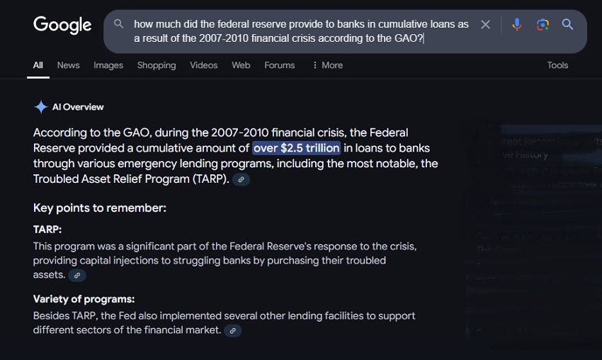 We Asked Google's Gemini How Much the Fed Loaned in Emergency Bailouts to Banks from 2007 to 2010