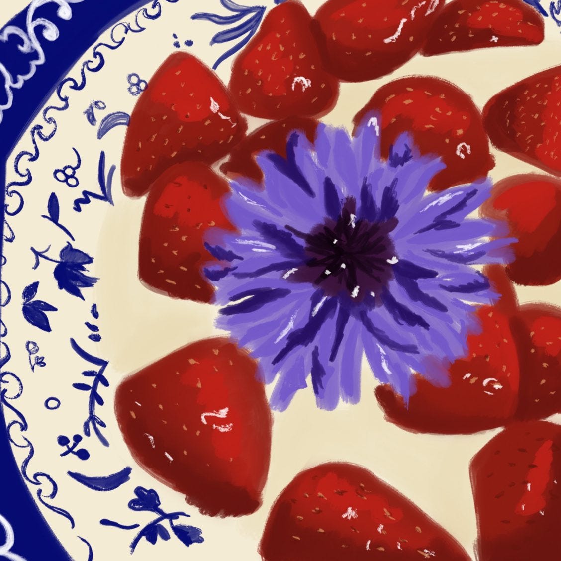 A digital painting of a blue and white china bowl full of strawberries and yoghurt, topped with a purple cornflower.