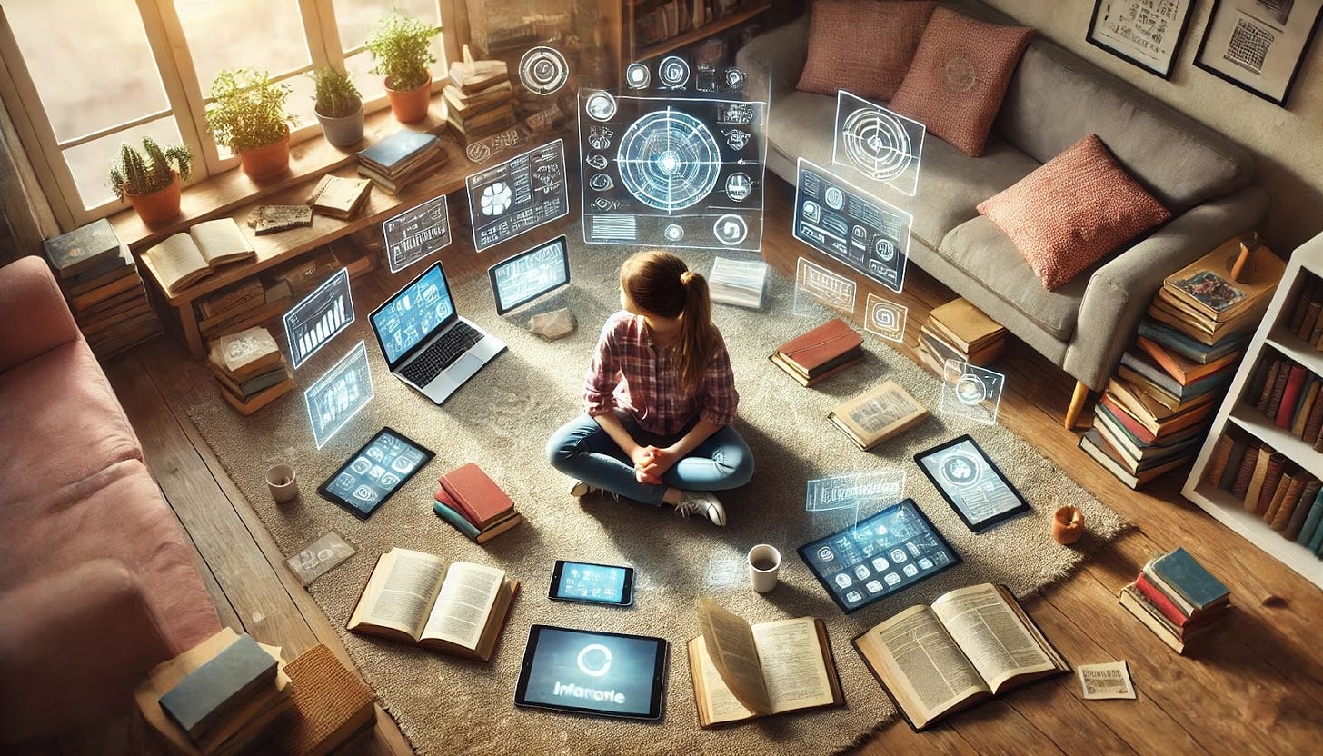 A bird's eye view of a young girl sitting cross-legged on the floor of a cozy room, surrounded by a diverse array of information sources including books, tablets, a laptop, printed papers, newspapers, and holographic screens. The room is informal and warm, with soft rugs, scattered cushions, and a large window allowing warm sunlight to stream in from one side. 