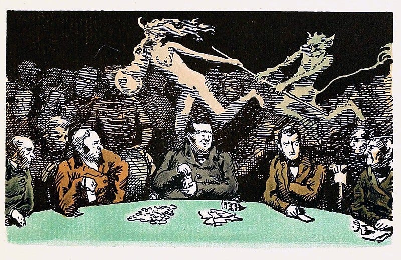 An illustration of five men sitting at a card table. Ghostly figures throng behind them.