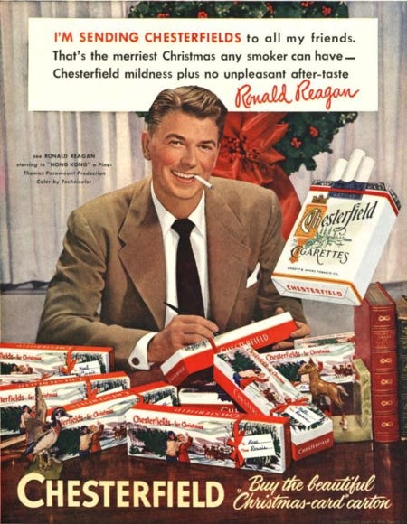 This ad, which appeared around 1950, featured the popular actor Ronald Reagan—and included promotion for his latest film, “Hong Kong”