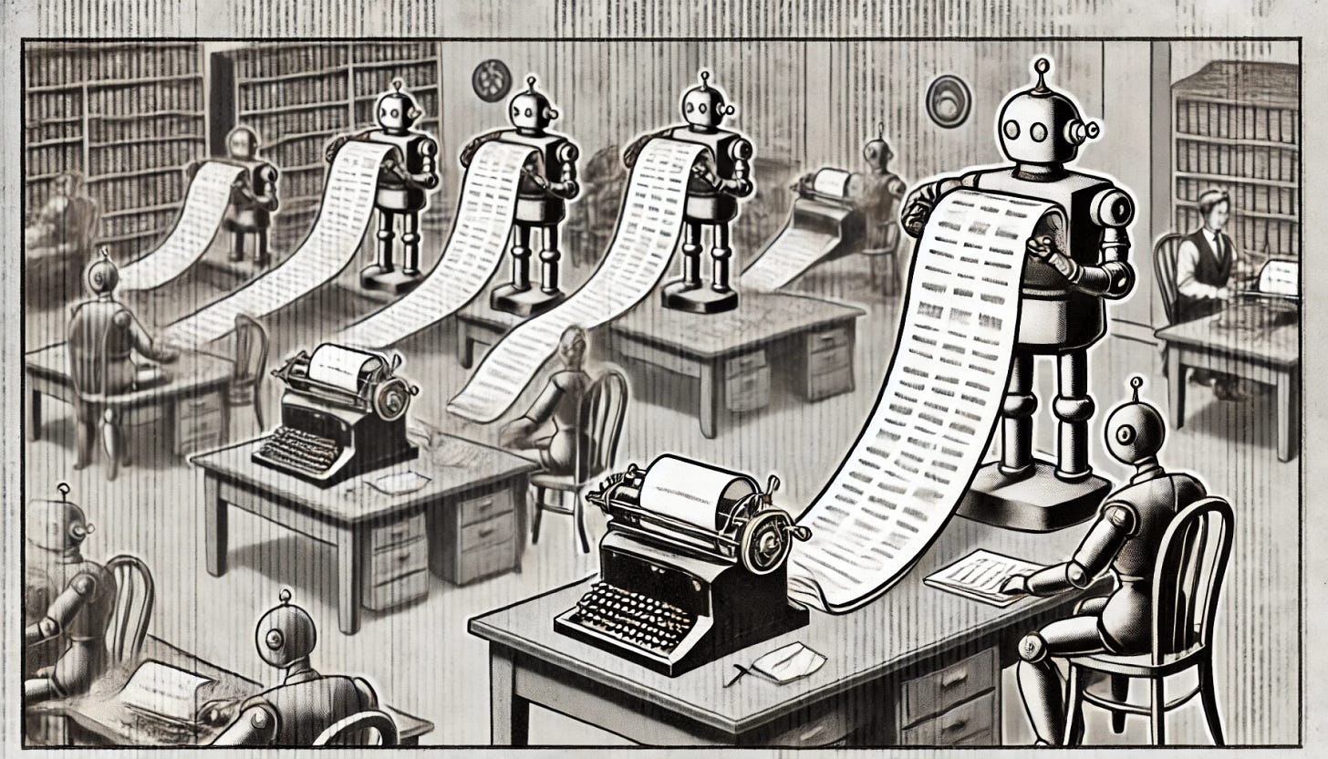 A scene resembling a 1930s newspaper illustration, depicting an accounting firm filled with robots working at desks. The robots are using old-fashioned calculators with long lengths of paper streaming out. The office has a vintage feel, with classic wooden desks, rotary phones, and period-specific decor. The image is in black and white, with a grainy texture to mimic the look of old newspaper prints.