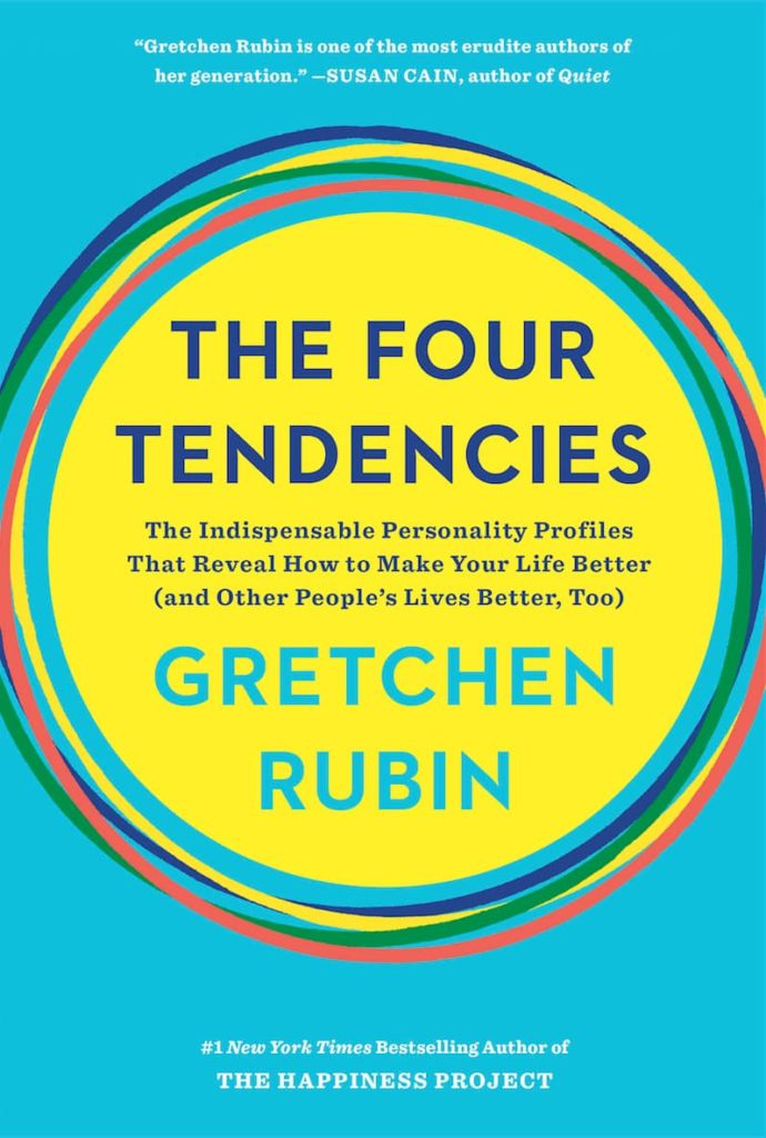 Book Cover of Rubin's The Four Tendencies with blurb. Cover is blue with multiple colored circles around the title and name