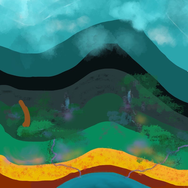Abstractt painting by Sherry Killam Arts suggesting a mountain with curved layers of green, black, gold and blue.