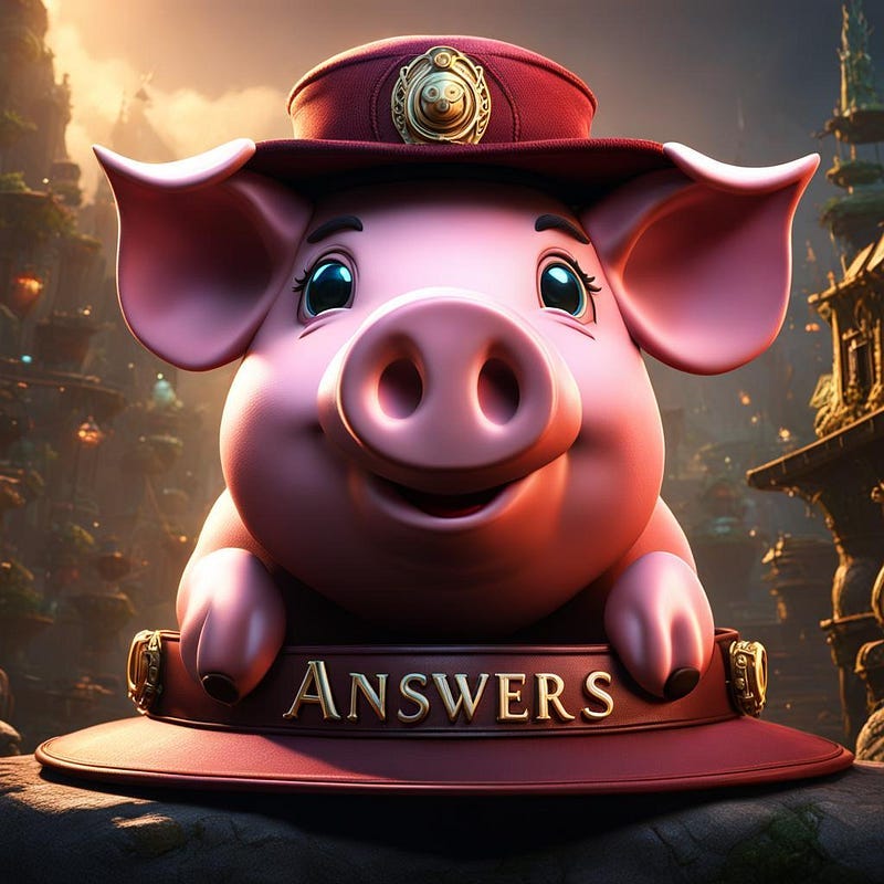 Cartoon piggy with hat, and front trotters on an “answers” sign