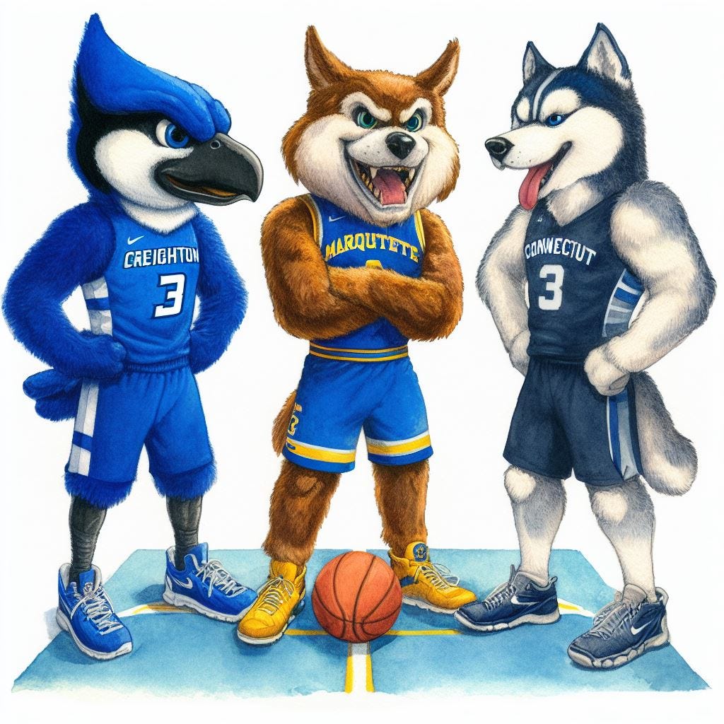 Creighton Bluejays mascot, Marquette Golden Eagles mascot, and Connecticut Huskies mascot in a standoff, watercolor