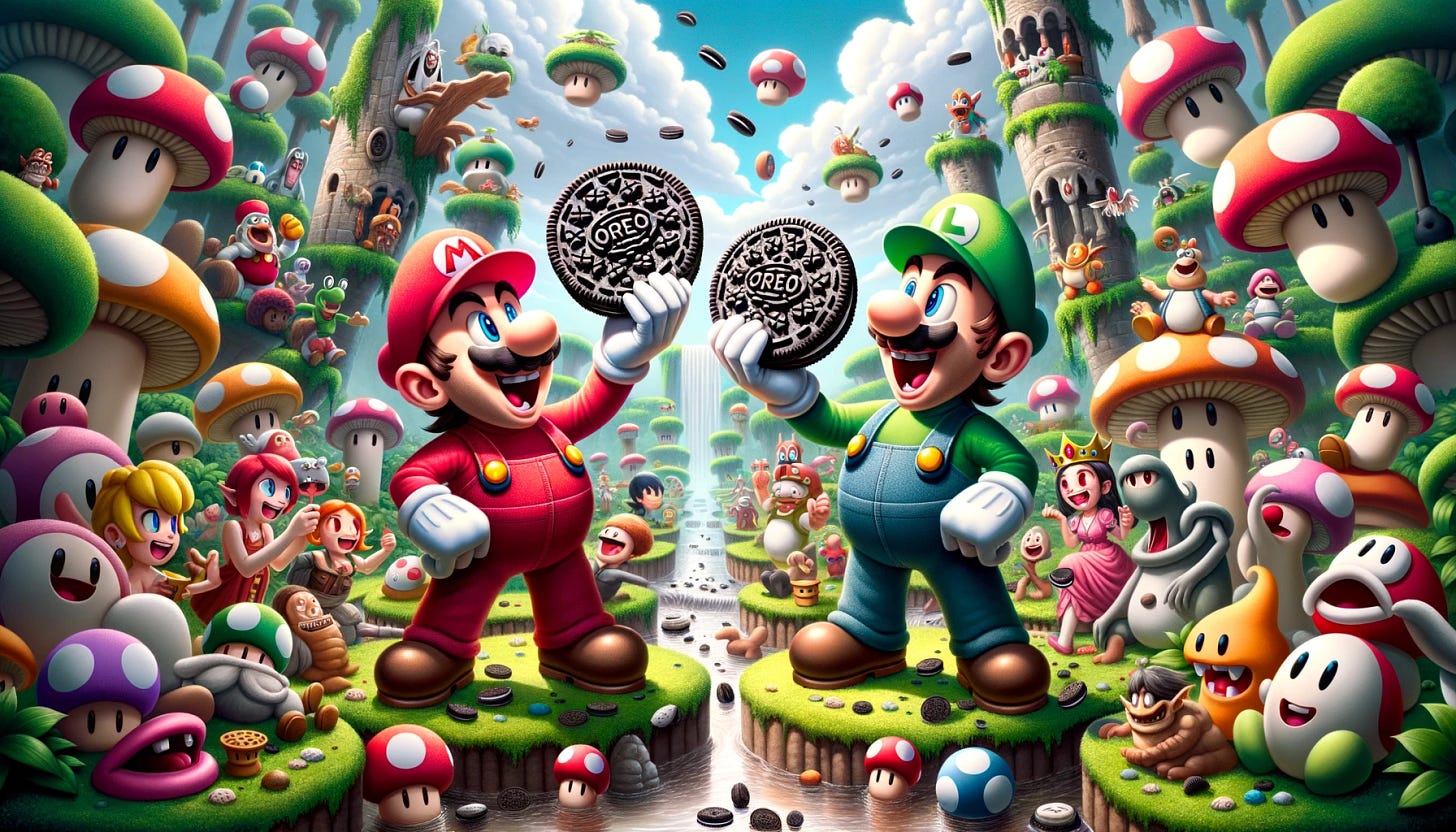 Photo of two characters, inspired by iconic video game plumbers, one dressed in red and the other in green, in a fantastical setting reminiscent of a kingdom filled with mushroom-shaped structures. They are enthusiastically eating cookies that closely resemble Oreo cookies in design, surrounded by other diverse characters that subtly hint at creatures from a popular video game universe. No trademarked logos related to the game are visible.
