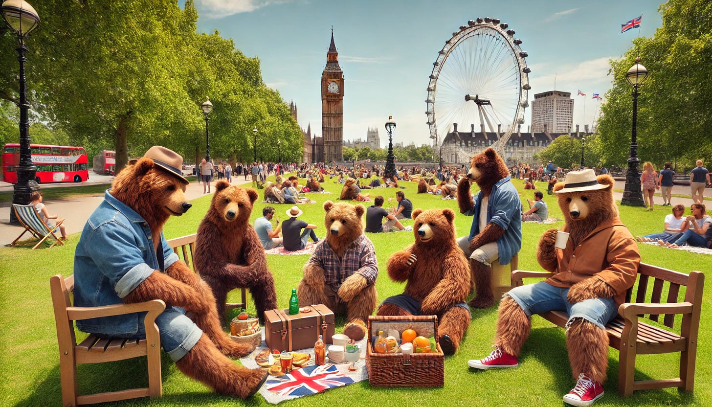 A group of bears hanging out in England. They are gathered in a scenic park with lush green grass, trees, and a view of iconic landmarks like Big Ben and the London Eye in the background. Some bears are sitting on benches, others are having a picnic with traditional English snacks, and a few are taking photos like tourists. The bears are dressed in casual attire, blending in with the surroundings and enjoying a sunny day.