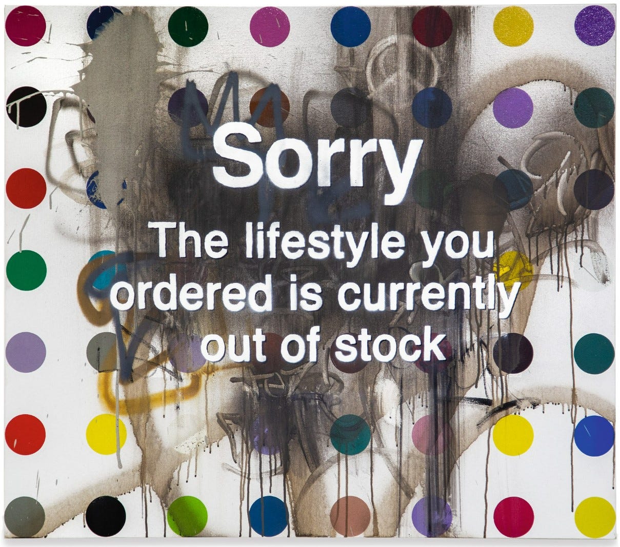 Banksy painting defaced Damien Hirst Sorry the lifestyle you ordered is currently out of stock