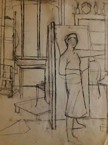 A charcoal sketch of a woman standing in a large studio with one outstretched arm and the other bent at her side holding a pencil or stick of charcoal.