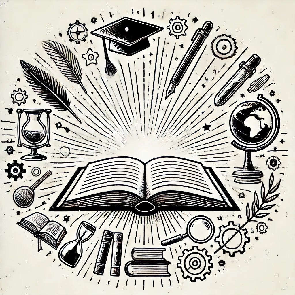 A hand-drawn black and white illustration symbolizing 'knowledge.' Show an open book at the center, with rays of light or energy radiating from it to signify the spread of wisdom. Surround the book with simple, symbolic images of education like a quill, a magnifying glass, a globe, and gears. The illustration should have a minimalist style, with clean lines and a focus on the clarity and flow of ideas emanating from the book.