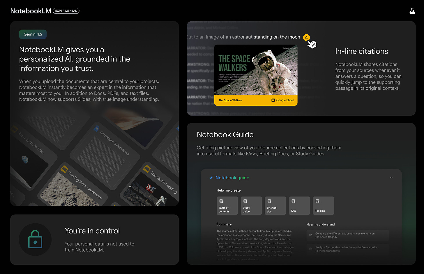 Bento box shot of the new features in NotebookLM.