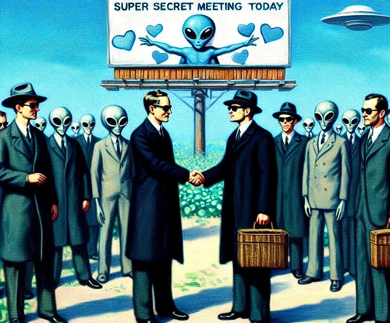 government group with aliens in front of sign saying super secret meeting