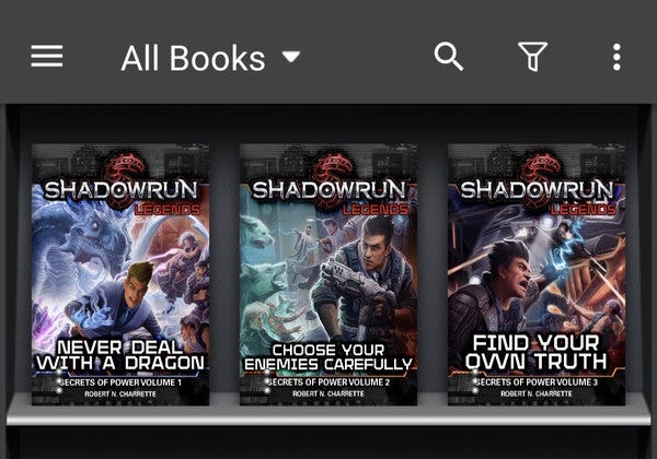 Shadowrun ebooks on the shelf in the Moon+ Reader app