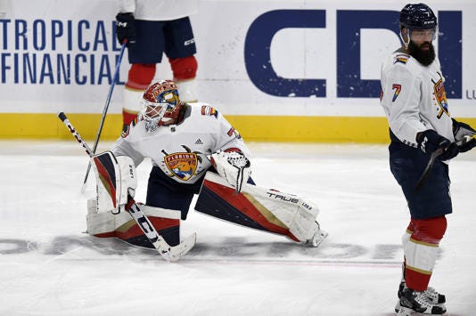 FILE - Florida Panthers goaltender Sergei Bobrovsky (72) and defenseman Radko Gudas (7) warm up while wearing a Pride Night hockey jersey before playing the Toronto Maple Leafs on March 23, 2023, in Sunrise, Fla. Bobrovsky, who is Russian, did take part in warmups the night the Staal brothers declined and in the aftermath of several countrymen deciding not to wear Pride jerseys. (AP Photo/Michael Laughlin, File)