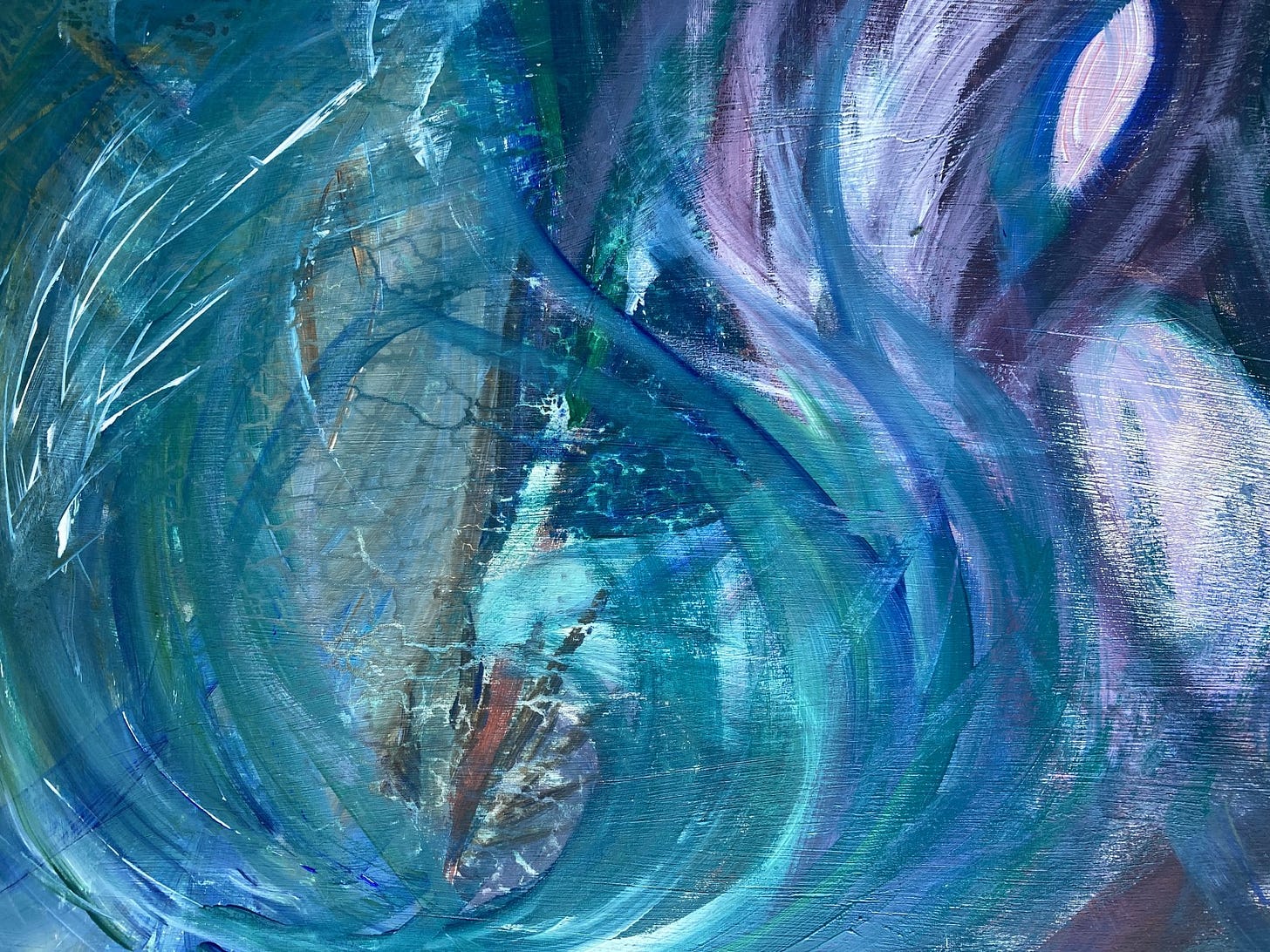 Abstract in acrylics — a suggested figure to the right looking away from a wave-engulfed craft to the left. Thinking about the experience, not being in it.