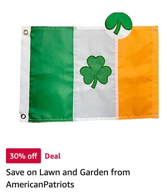 An Irish flag with a clover on it; there's a close up inset of the bottom of the clover that weirdly just looks like a green dick & balls