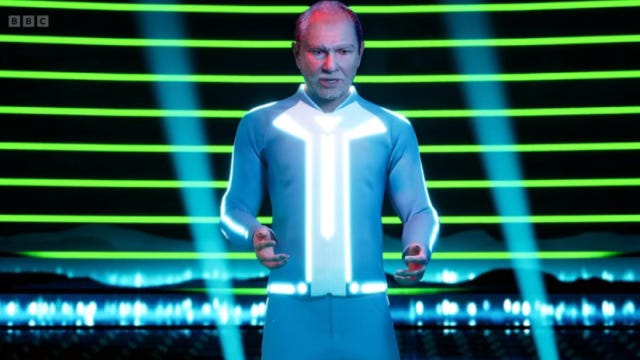 A screenshot from an episode of the apprentice where Lord Sugar has been portrayed as a very poor quality AI avatar