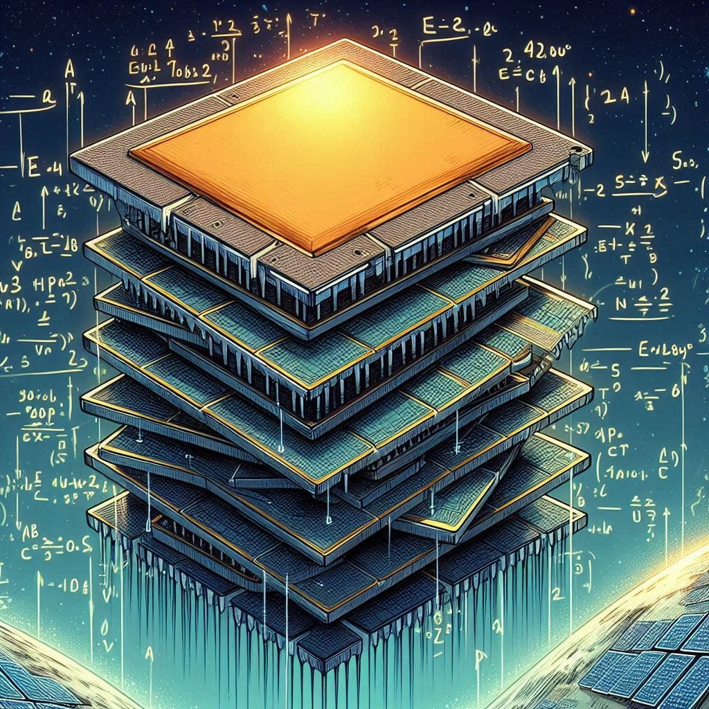 a stacked computer chip doing math, solarpunk drawing
