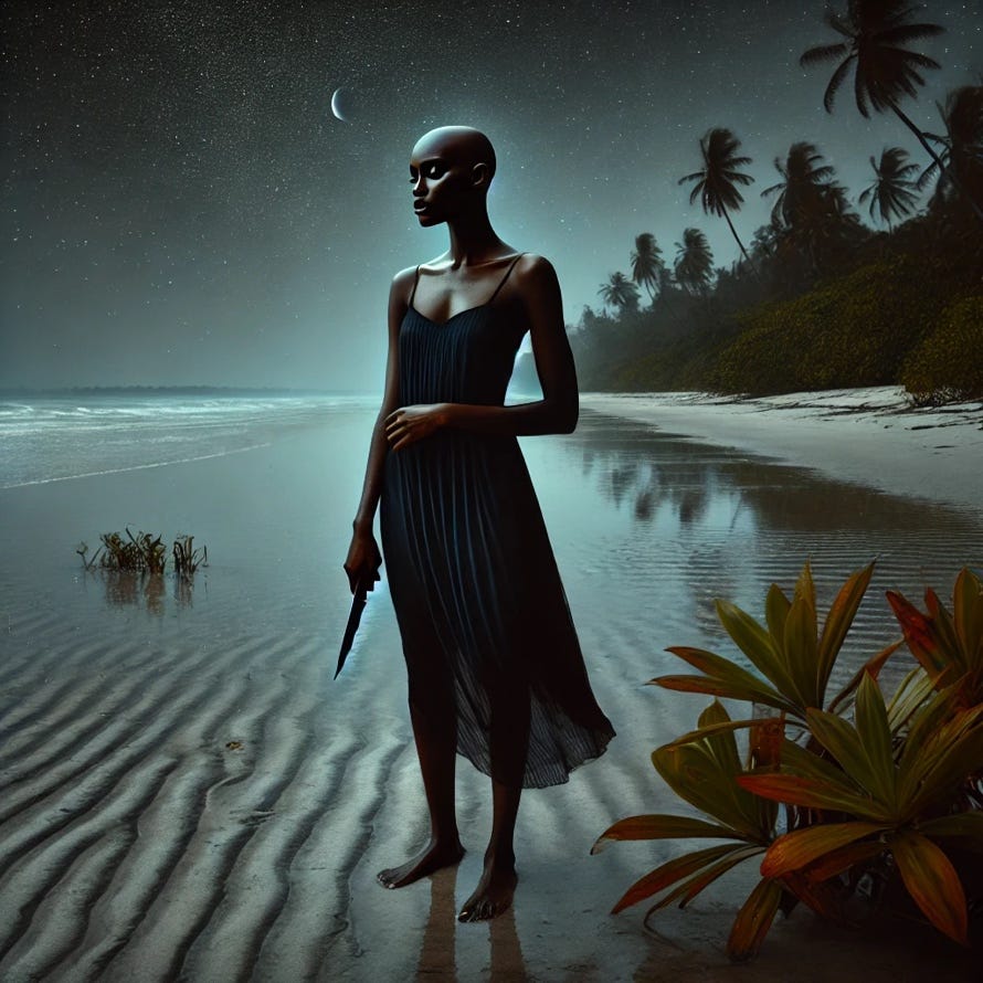 A Black woman standing barefoot on a beach, holding a weapon