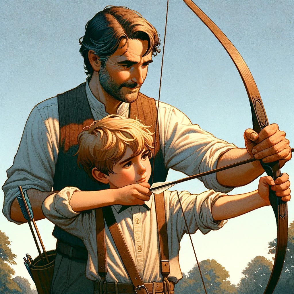 A heartwarming illustration of a father teaching his child how to fire a bow and arrow. The father, a middle-aged man, stands behind his young son, guiding his hands as they hold the bow together. The child, with a look of concentration and excitement, is aiming the arrow at a target in the distance. They are in a peaceful outdoor setting, surrounded by trees and a clear blue sky. The scene captures a moment of bonding and learning, filled with patience, encouragement, and the joy of sharing a skill.