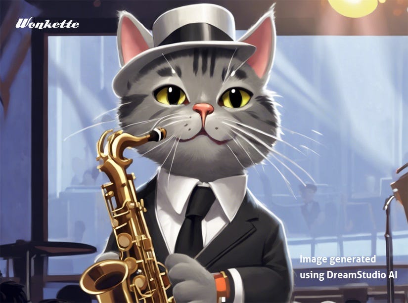 AI generated a cartoonish image of my cat Thornton, wearing a dark suit, white shirt, white hat with a wide black band and holding a saxophone