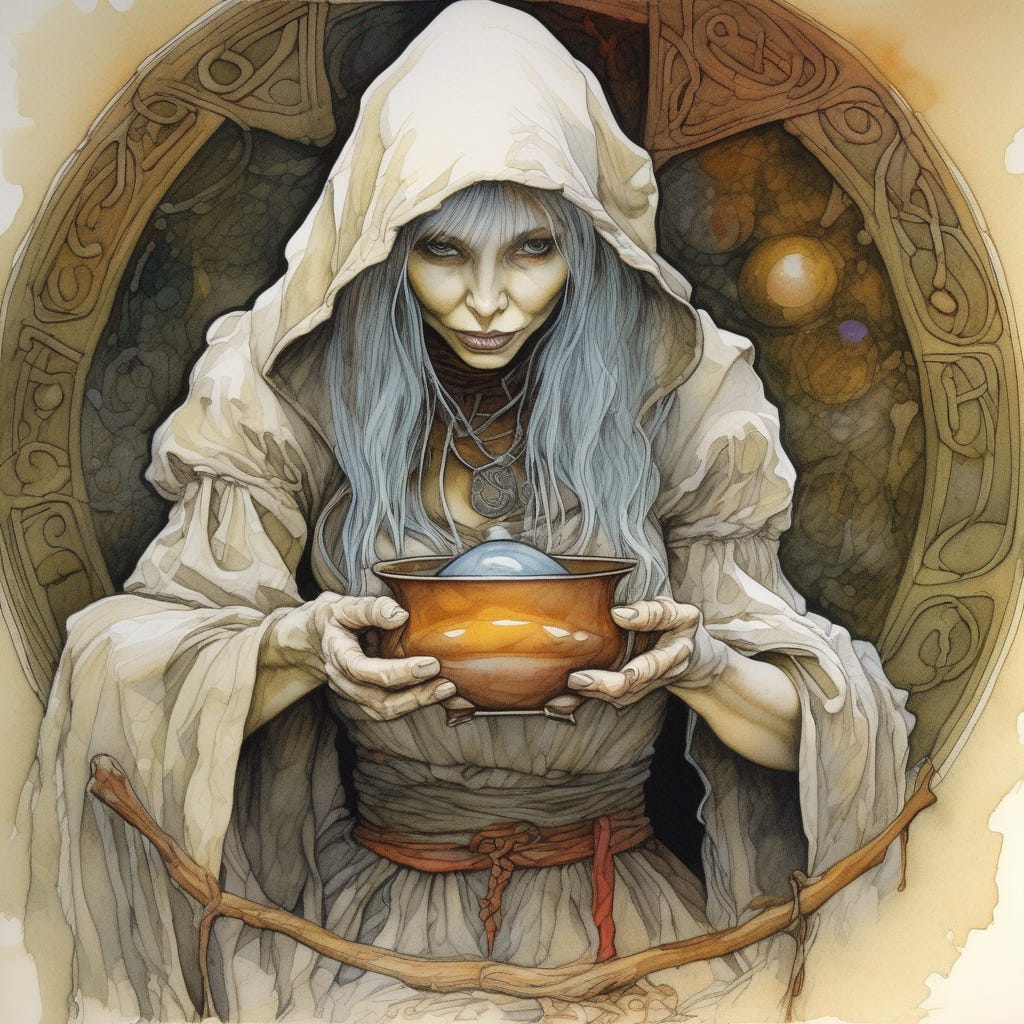 white-haired female hobgoblin alchemist named Nebulux Spellscourge
