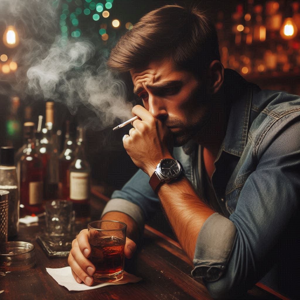 a sad man smoking and drinking in a bar, Running away from your emotions, pain, and problems is not the solution. Everything bad that happens is a learning opportunity. It's what you need even if it it's not fun. 