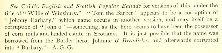 Suggestion that Tom the Barber is derived from Johnny Barbary, a possible corruption of Johnnie O Breadislee