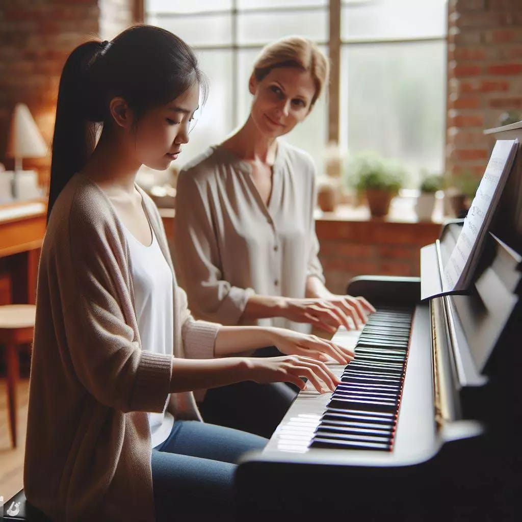 Woman playing piano in classroom with piano teacher watching over