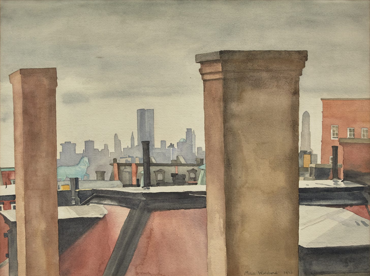 Brooklyn rooftops and chimneys with a copper colored horse peeking up. In the background is the Manhattan skyline including the Twin Towers.