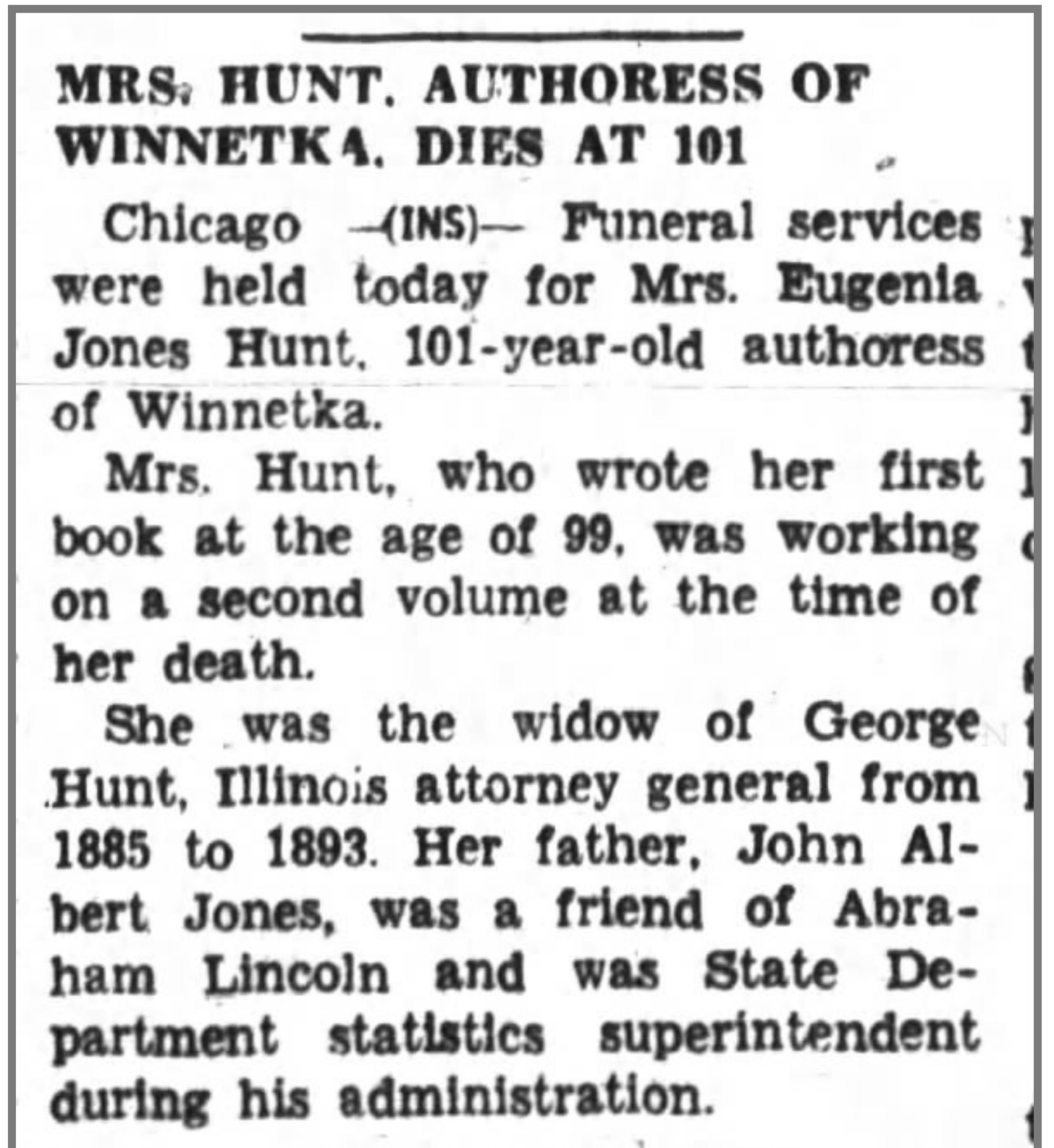 Article from Journal Gazette (Mattoon, Illinois), November 3, 1947 with headline Mrs. Hunt Authoress from Winnetka Dies at 101