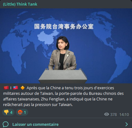 La Chine indique qu'elle ne relâchera pas la pression sur Taïwan