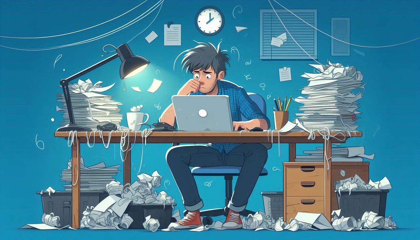 Illustration of a stressed man working late at a cluttered desk, surrounded by piles of paperwork and crumpled papers. He sits in front of a laptop, looking frustrated, with a lamp casting a warm glow on the desk. The background features a clock on the wall, suggesting time pressure and workload stress.