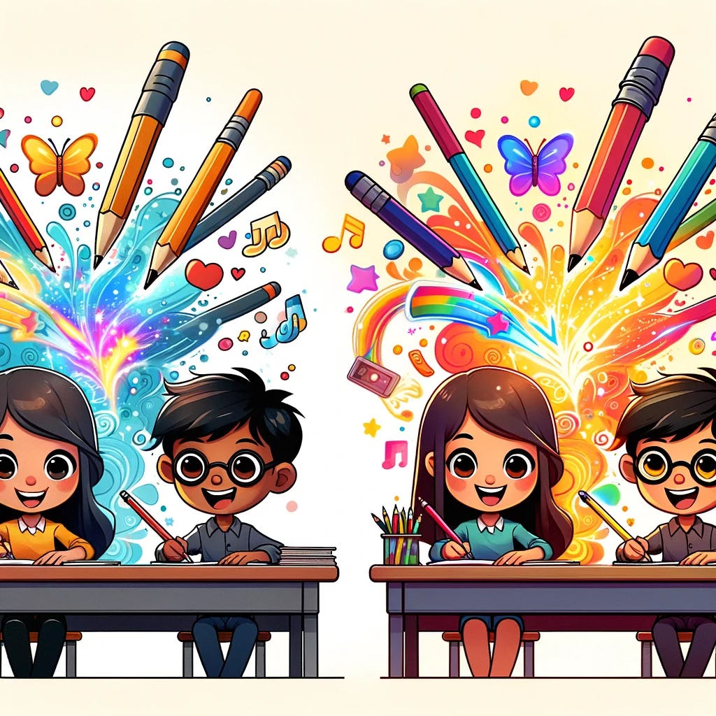 Prompt: Transform the refined concept into a cartoon style, maintaining the scene's simplicity and diversity. In this cartoon version, three students of varied backgrounds are sitting at a desk, engaging in digital art creation with AI. Each student wields a magic pen that releases exaggerated, vibrant sparks of creativity and colorful beams of light, embodying the whimsical and exaggerated features typical of cartoons. The students have cheerful expressions, with smiles that highlight their excitement and joy in the creative process. The background is kept minimalistic to focus on the cartoon characters and their dynamic interaction with the magical technology. This illustration is designed to emphasize the fun and accessibility of learning technology through a playful and inviting art style, making technology learning appealing and engaging for all.