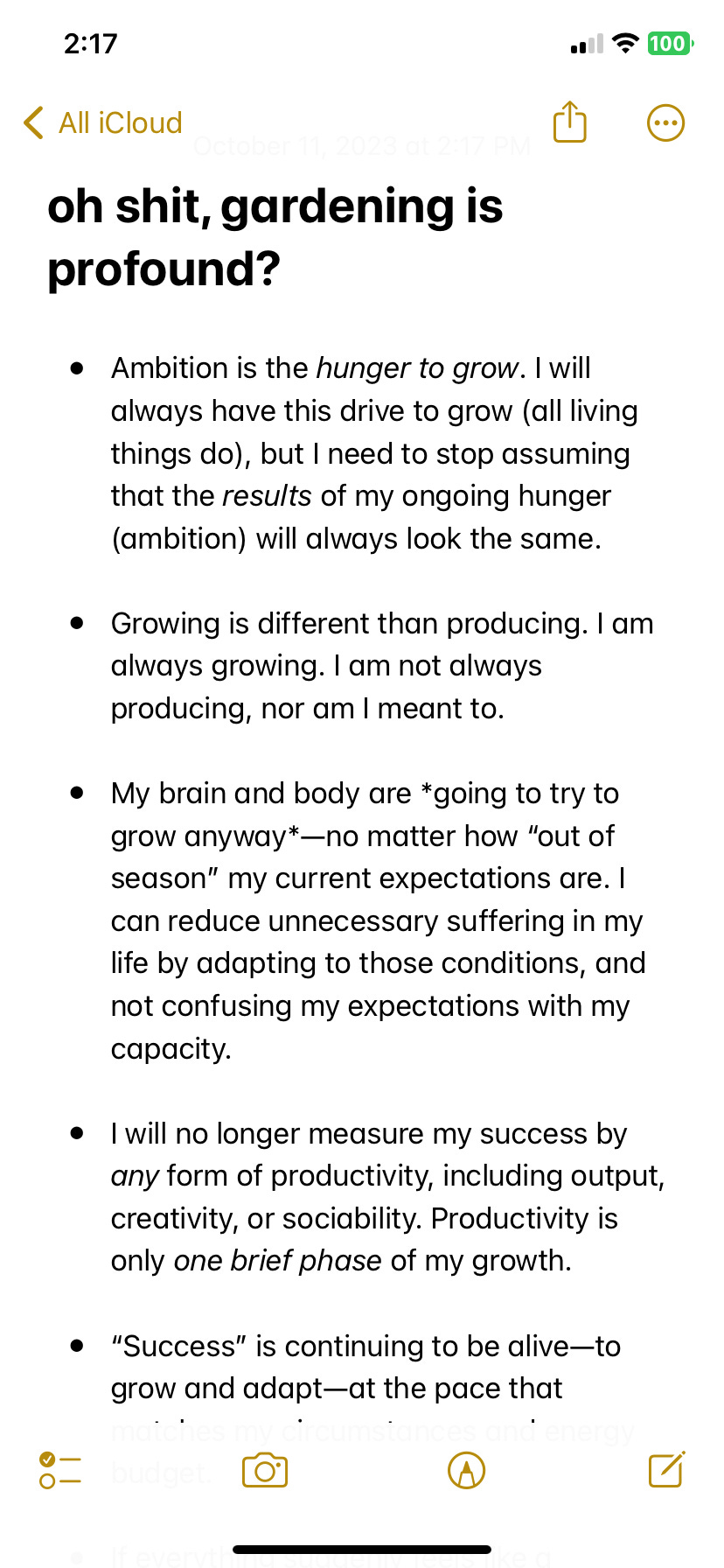 a screenshot from Alexis' notes app, of a note called "oh shit, gardening is profound?" and bullet points of text (also listed in this essay).