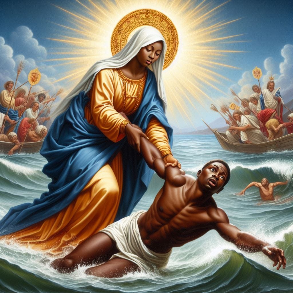 A radiant African Mary Sophia pulling a drowning african man out of the water in the style of religious art.