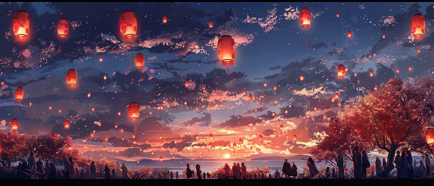 This image presents a breathtaking sunset scene filled with cultural resonance. Scores of glowing paper lanterns rise into the dusky sky, mingling with cherry blossom petals that are caught in the gentle breeze. The horizon is lined with the silhouettes of trees and a crowd of people gathered to enjoy the spectacle. The setting sun casts a warm, golden light across the scene, reflecting off the clouds and lanterns, and creating a tapestry of light and color that evokes a sense of communal celebration and the ephemeral beauty of life.